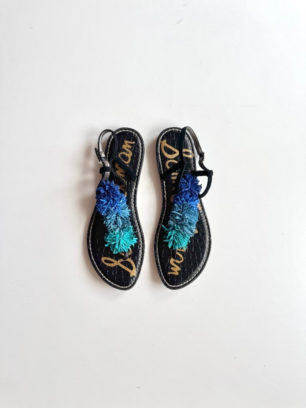 SAM EDELMAN Gates Black Suede Blue Turquoise Fringe T-Strap Sandals, Size 8.5